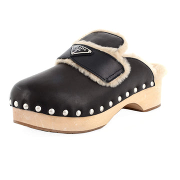 Prada Women's Logo Mule Clogs Leather and Shearling