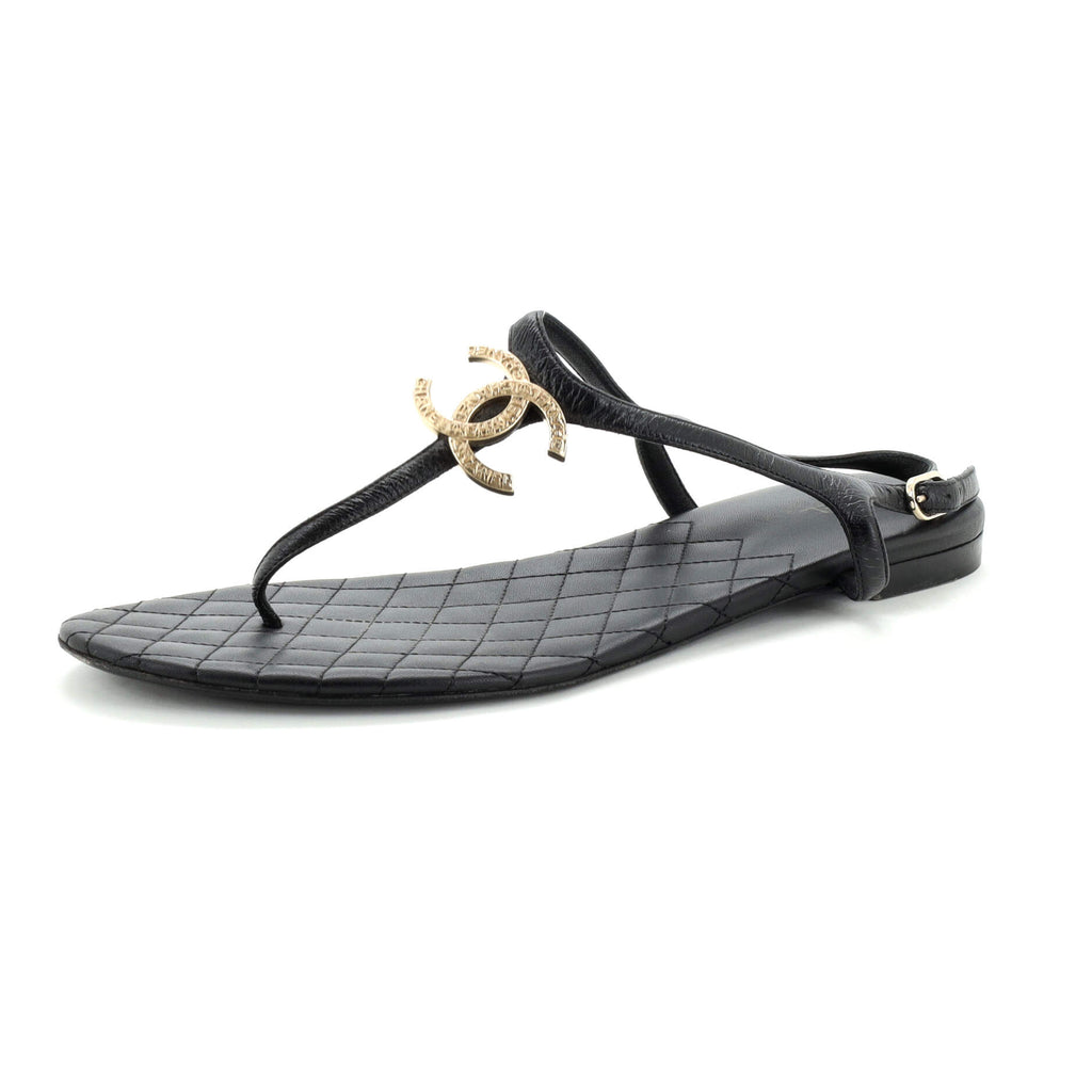 CHANEL ブラック レース オープントゥパンプス　39c Chanel Women's CC T-Strap Sandals Leather 233387