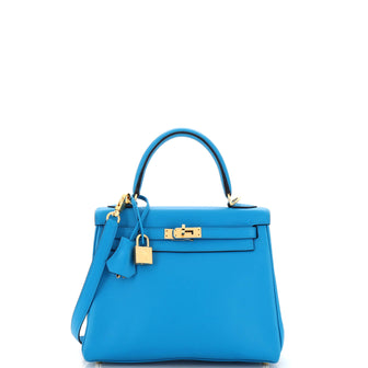 Hermes Kelly Handbag Blue Swift with Gold Hardware 25