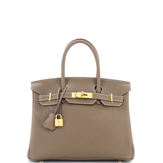 Hermes Birkin Handbag Grey Clemence with Gold Hardware 30