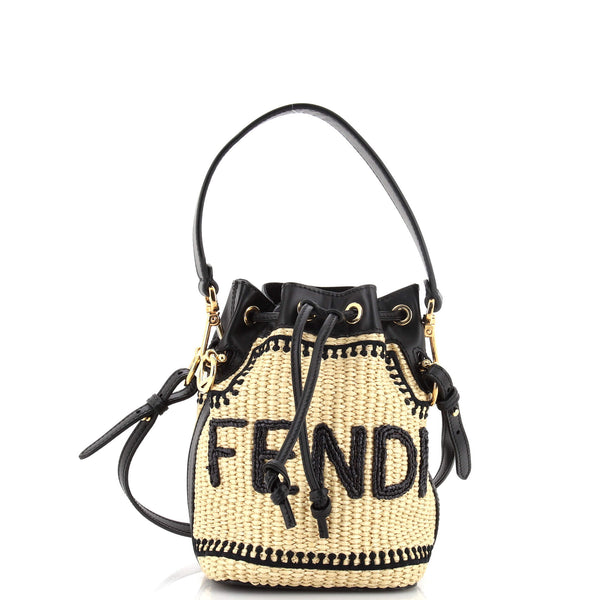 FENDIバッグ Fendi Mon Tresor Bucket Bag Logo Embroidered Raffia Mini Neutral