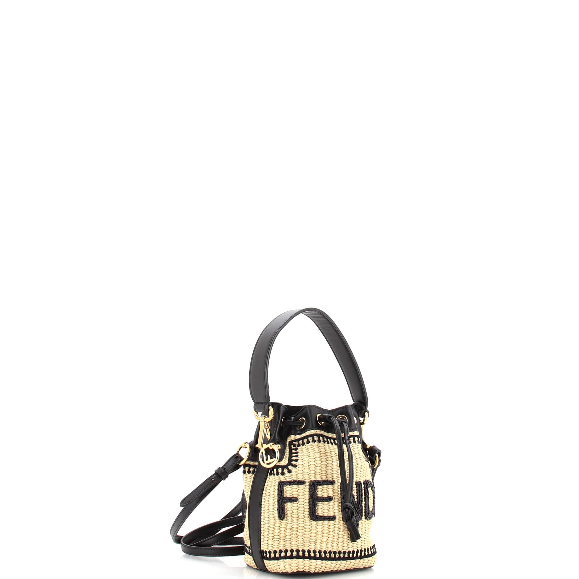 Fendi Mon Tresor Bucket Bag Logo Embroidered Raffia Mini Neutral