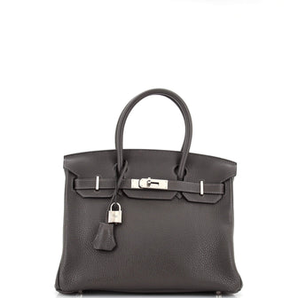 Hermes Birkin Handbag Grey Clemence with Palladium Hardware 30