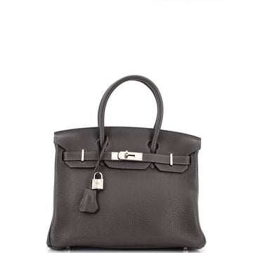 Hermes Birkin Handbag Grey Clemence with Palladium Hardware 30
