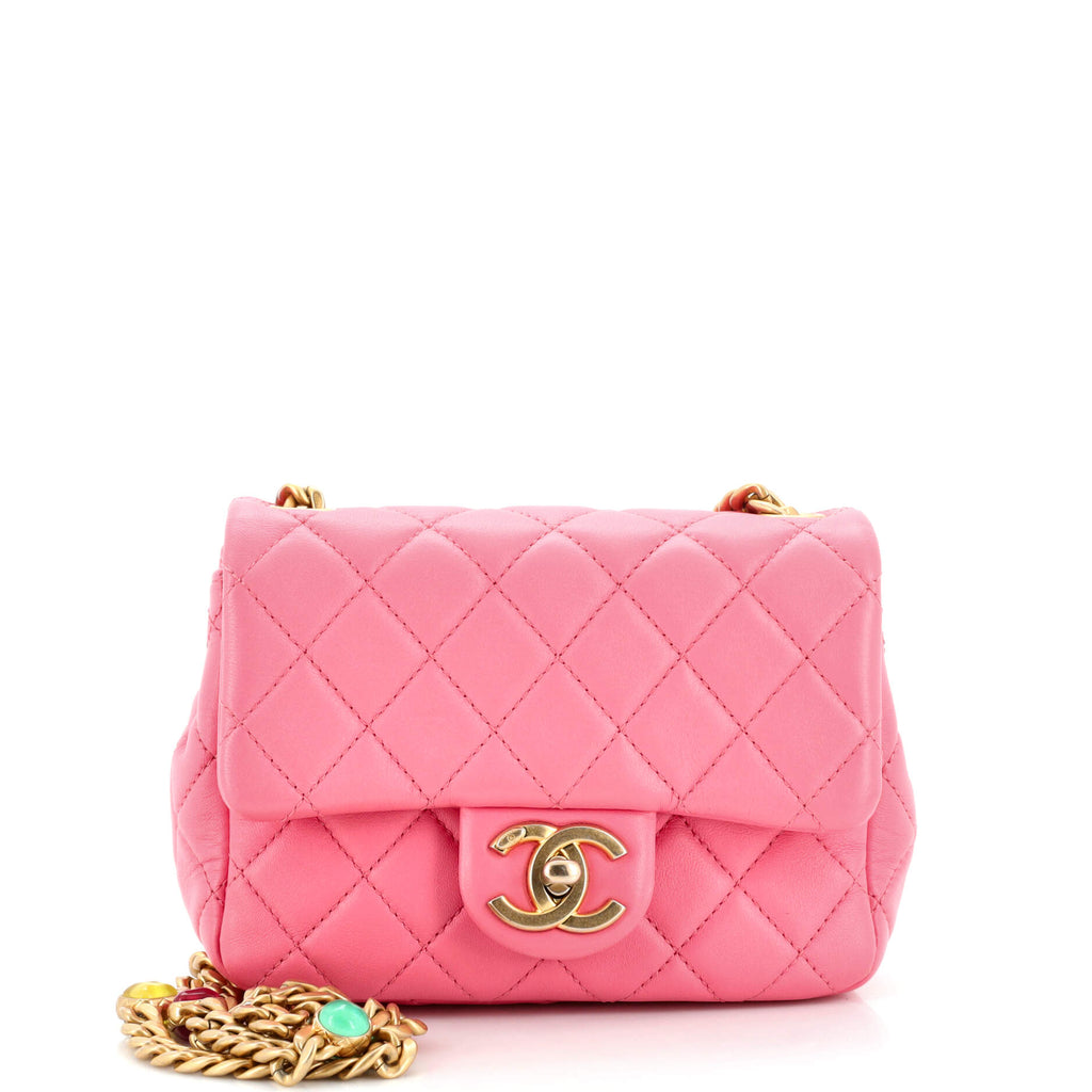 Chanel Pearl Samba Resin Chain Square Flap Bag Quilted Lambskin Mini Pink  1380402
