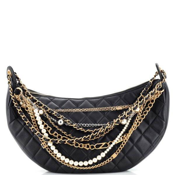 Authentic Chanel Black Lambskin Quilted Crush on Chains Hobo Bag