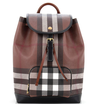 Burberry Drawstring Flap Pocket Backpack Check E-Canvas with Leather Medium