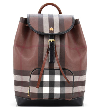 Burberry Drawstring Flap Pocket Backpack Check E-Canvas with Leather Medium