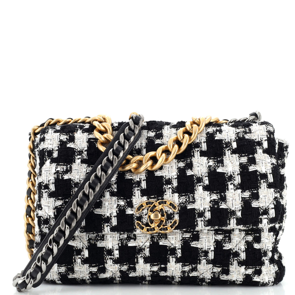 Chanel 19 Flap Bag Quilted Houndstooth Tweed and Ribbon Large