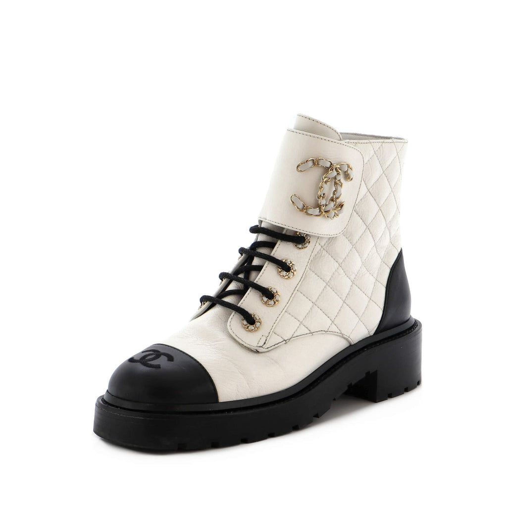 CHANEL, Shoes, Chanel Quilted Leather Cc Cap Toe Chsin Link Logo Combat  Boot