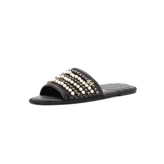Chanel Women's Pearl Chain Mule Sandals Leather with Metal and Faux Pearls