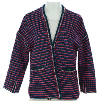Chanel Women's Knitted Striped Metallic Open V-Neck Cardigan Cotton and Viscose Blend