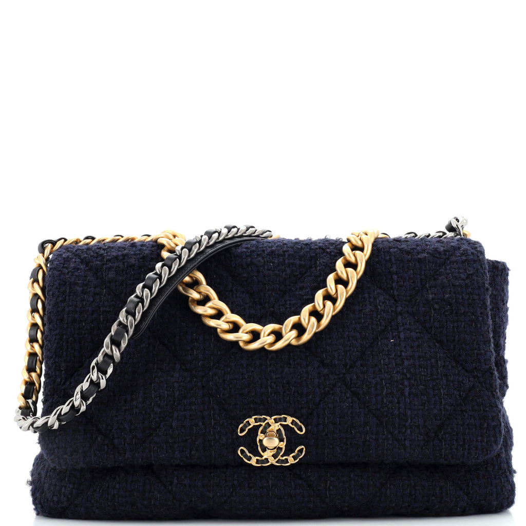 Chanel 19 Flap Bag Quilted Tweed Maxi Blue 2340691