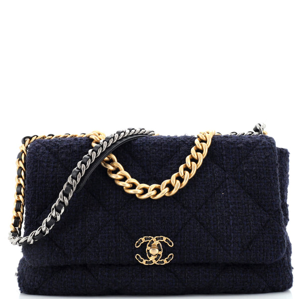 Chanel 19 Flap Bag Quilted Tweed Maxi Blue
