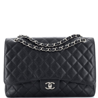 Chanel Vintage Classic Single Flap Bag Quilted Caviar Maxi Black