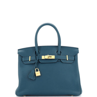 Hermes Birkin Handbag Blue Clemence with Gold Hardware 30