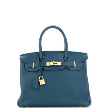 Hermes Birkin Handbag Blue Clemence with Gold Hardware 30
