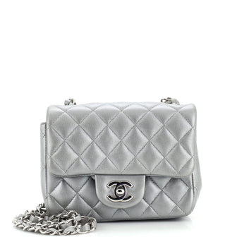 Chanel Square Classic Single Flap Bag Quilted Metallic Lambskin Mini Silver  2341921