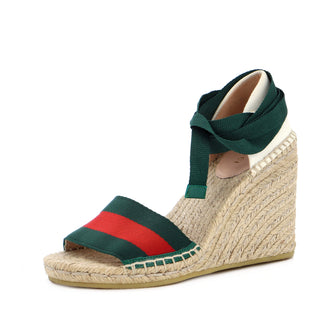 Gucci Women' Web Ankle Wrap Wedge Espadrilles Canvas
