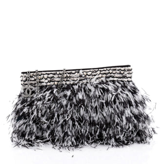 Chanel Chain Strap Pochette Ostrich Feather and Quilted Satin Medium Black 2342101