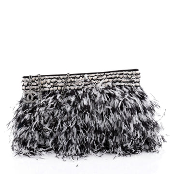 Chanel Chain Strap Pochette Ostrich Feather and Quilted Satin Medium Black 2342101