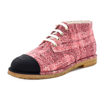 Chanel Women's CC Cap Toe Lace Up Ankle Boots Woven Textile and Grosgrain