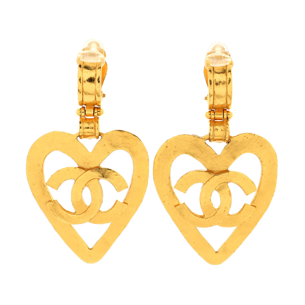 Chanel Vintage CC Heart Cut Out Drop Clip-On Earrings Metal Gold 2342511