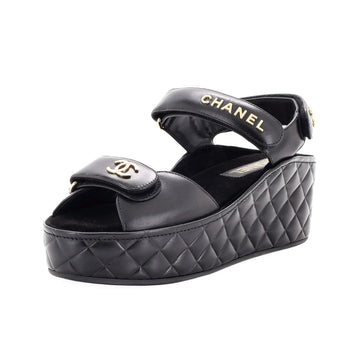 Chanel Women's Logo Velcro Strap Wedge Sandals Quilted Leather