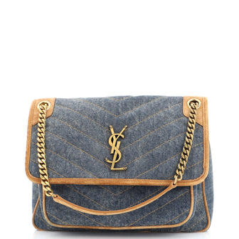 Saint Laurent Niki Chain Flap Bag Matelasse Chevron Denim with Suede Medium