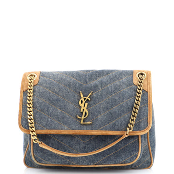 Saint Laurent Niki Chain Flap Bag Matelasse Chevron Denim with Suede Medium