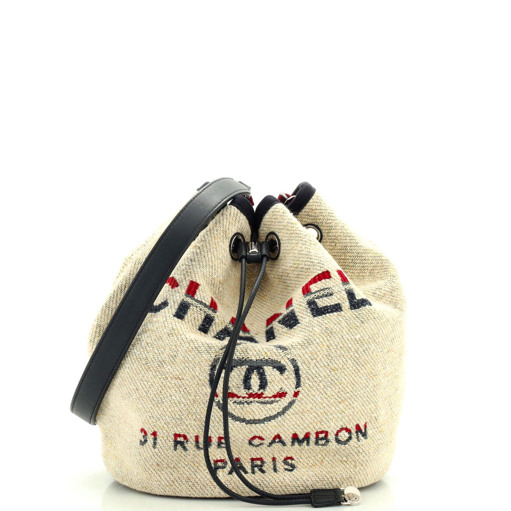 Chanel Deauville Drawstring Bucket Bag Lurex Canvas Medium Neutral 2346341