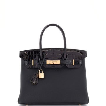Hermes Touch Birkin Bag Black Togo with Shiny Niloticus Crocodile with Rose Gold Hardware 30