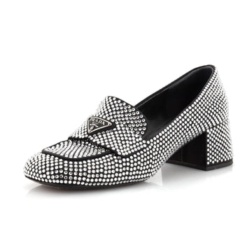 Prada Women's Triangle Logo Block Heel Loafers Crystal Embellished Satin