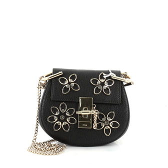 Chloe Drew Crossbody Bag Crystal Flower Embellished Leather Nano Black 2347801