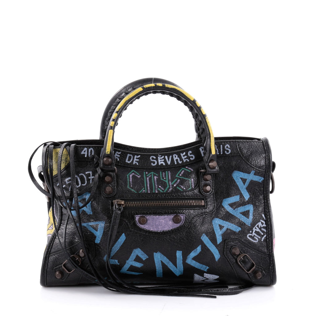 Balenciaga Black Graffiti Leather Mini RH Classic City Bag