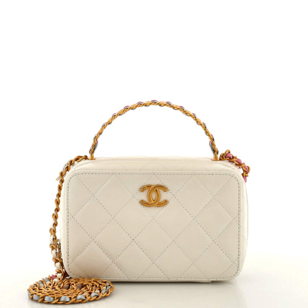 Chanel CC Woven Rainbow Chain Handle Zip Around Vanity Case Quilted Lambskin Mini White