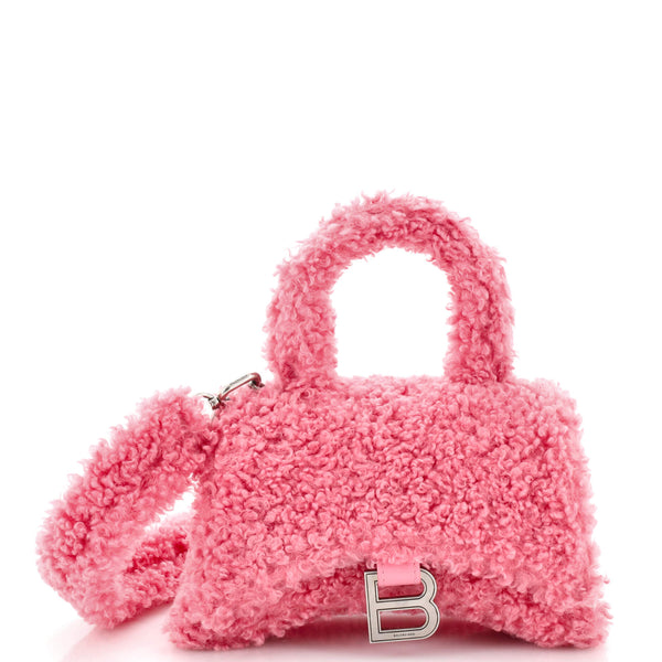 Balenciaga Fluffy Hourglass Top Handle Bag Faux Fur Small Pink