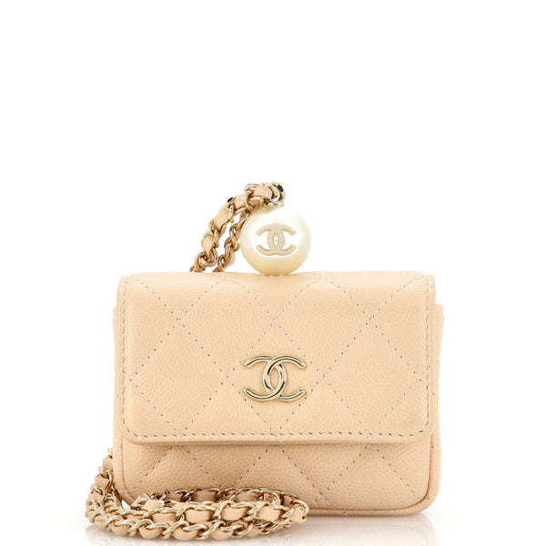Chanel CC Pearl Coin Card Holder with Chain Quilted Iridescent Caviar Neutral