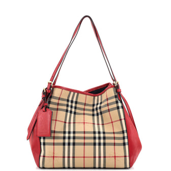 Burberry Red Leather Horseferry Check Canvas Small Canterbury Tote Bag