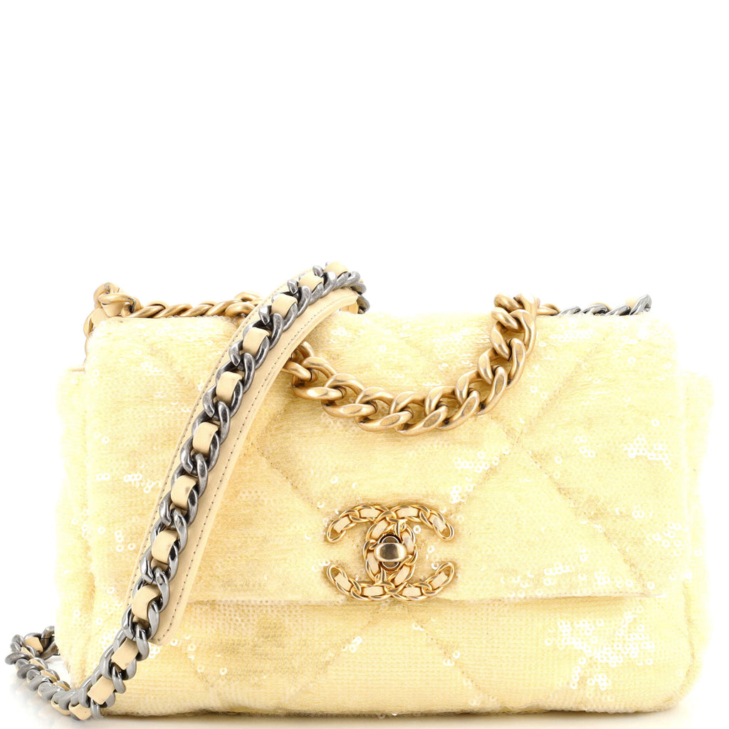 Chanel 19 Flap Bag Quilted Sequins Medium Yellow 95258169