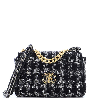 Chanel 19 Flap Bag Quilted Houndstooth Tweed and Ribbon Large Black 2370454