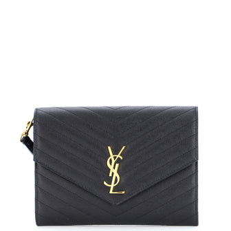 Saint Laurent Classic Monogram Envelope Wristlet Clutch Matelasse Chevron Leather