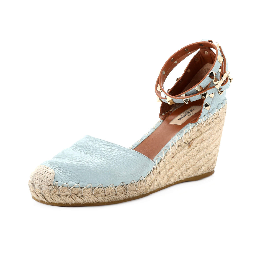 Valentino Blue Denim Rockstud Espadrille Wedge Ankle-Strap Pumps