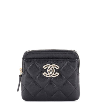 Chanel Crystal Woven CC Square Zip Around Card Holder Wallet Quilted Caviar