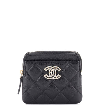 Chanel Crystal Woven CC Square Zip Around Card Holder Wallet Quilted Caviar