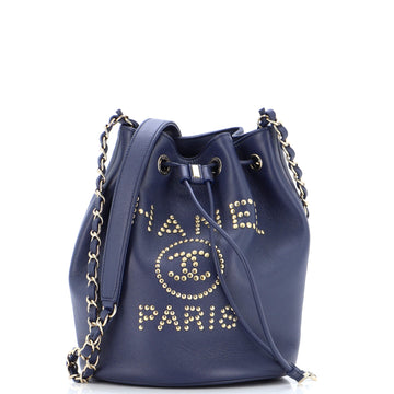 Chanel Deauville Drawstring Bucket Bag Studded Caviar Medium
