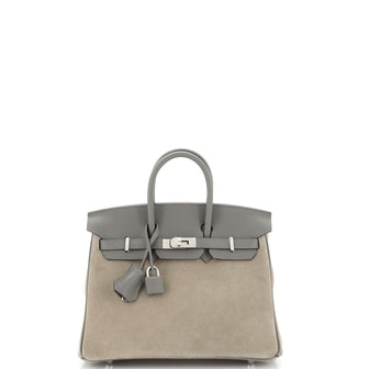 Hermes Grizzly Birkin Handbag Grey Doblis Suede with Swift with Palladium Hardware 25