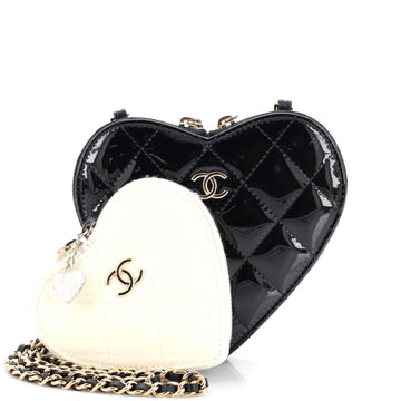 Chanel Double Heart Clutch with Chain Quilted Patent