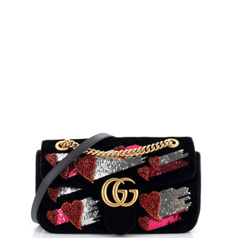 Gucci GG Marmont Flap Bag Embellished Matelasse Velvet Small
