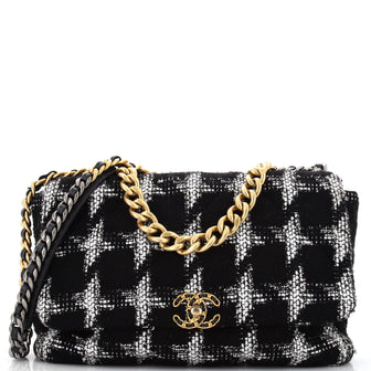 Chanel Beige, Black And Silver Houndstooth Tweed Maxi 19 Flap